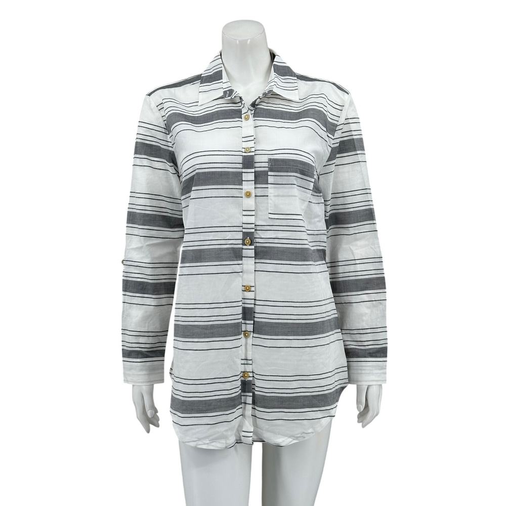 Matilda Jane Joanna Gaines Top Womens XS White Gray Stripe Tunic Sheer Boho NWT